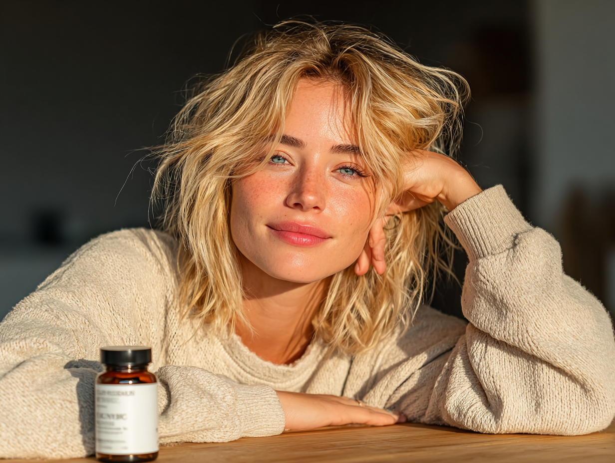 Mulher loira com expressão de dúvida, segurando um suplemento, representando a decisão sobre porque fazer desparasitação humana.