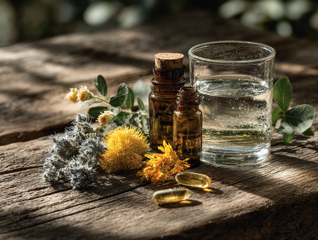 Foto realista de tinturas naturais e suplementos sobre uma mesa clean, representando o início do protocolo desparasitação humana.