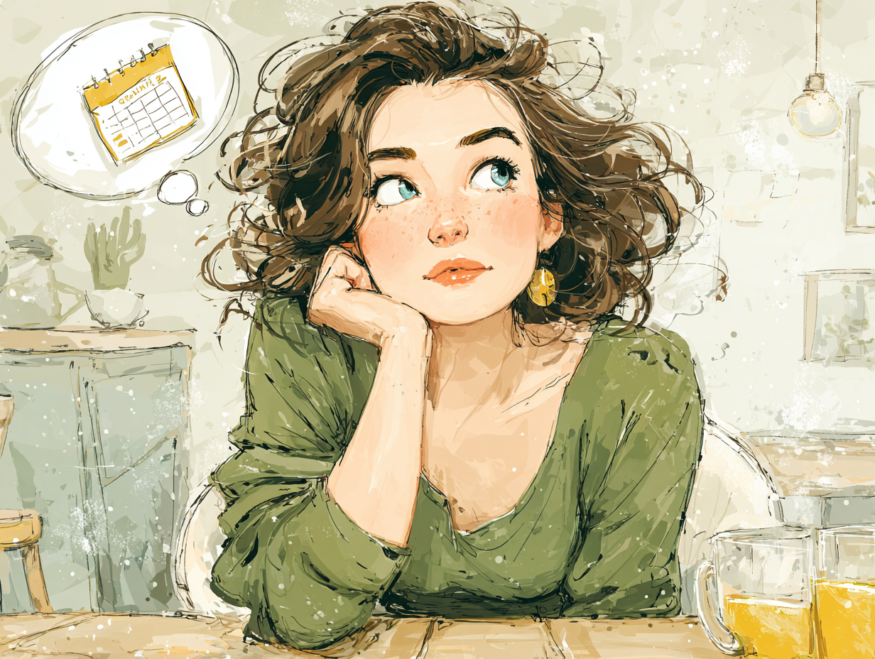 Mulher morena olhando para um calendário com expressão de dúvida, representando o momento ideal de quando fazer desparasitação humana.