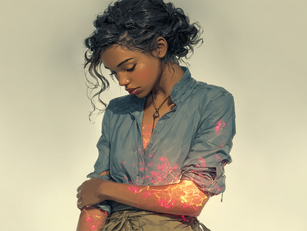 Ilustração anatômica de uma mulher negra com mãos na região da pele do abdômen, representando os sintomas cutâneos de verme sintomas na pele com ética e leveza.