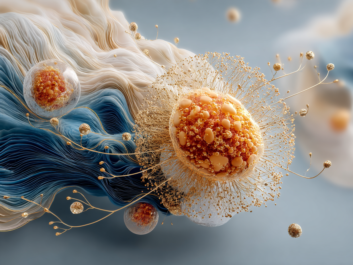 Ilustração médica semi-realista de uma ameba simbólica ao fundo, com textura orgânica e ambiente clínico leve, representando os sintomas de ameba no intestino.