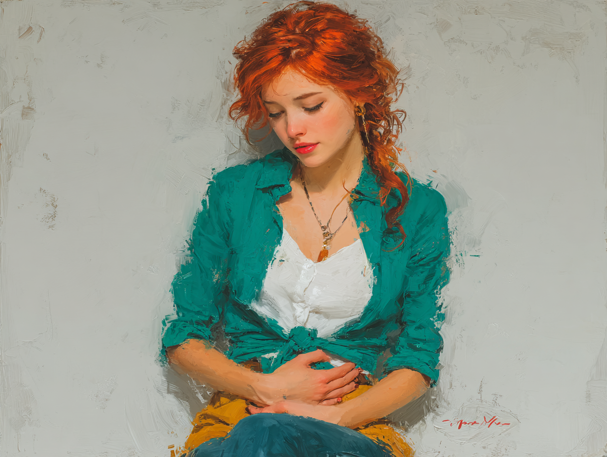 Ilustração semi-realista de mulher ruiva sentada com a mão na barriga, representando os sintomas de vermes com desconforto leve