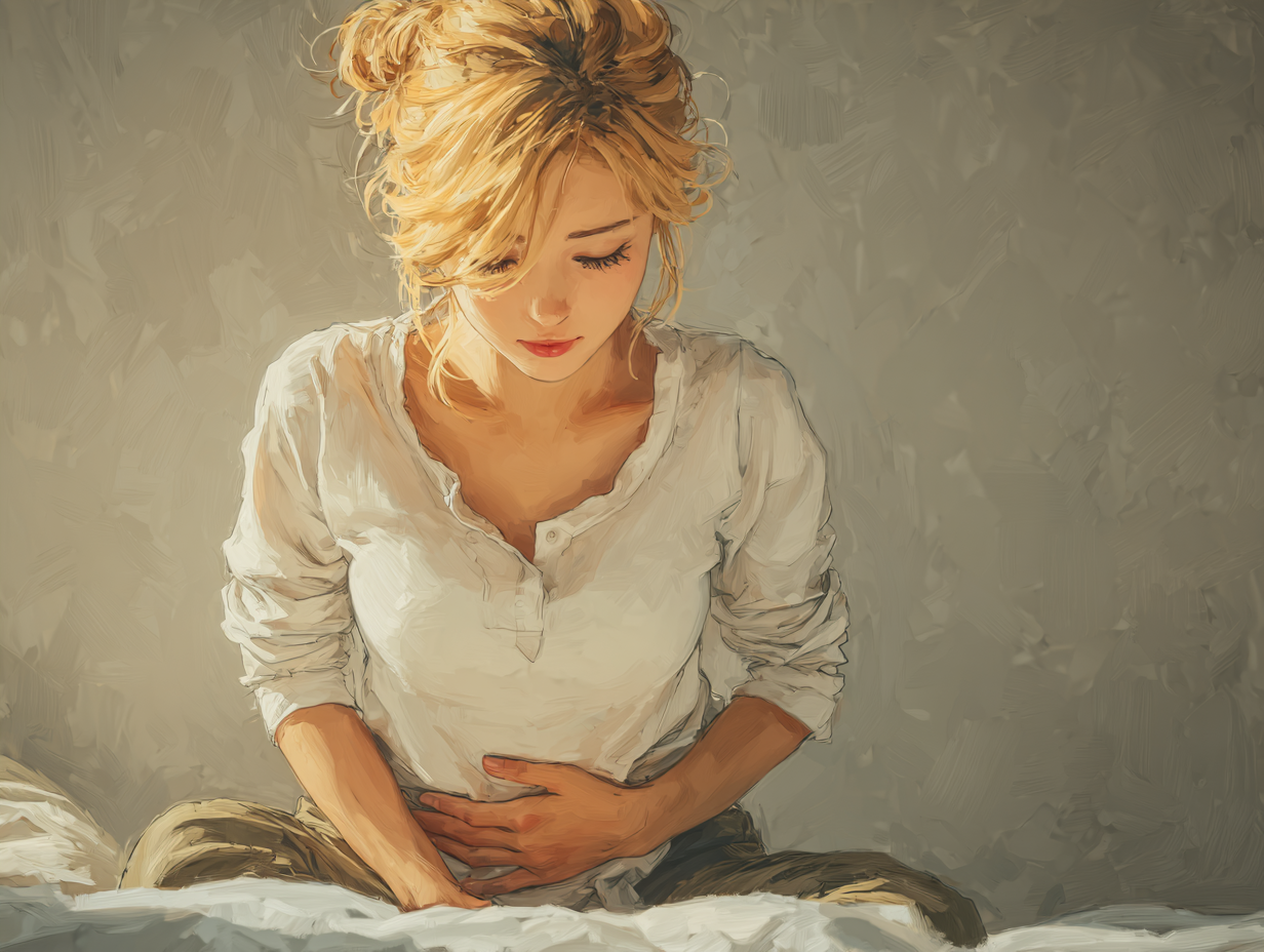 Ilustração semi-realista de uma mulher loira sentada com as mãos sobre a barriga, demonstrando desconforto físico leve, representando sintomas de verme na barriga com dor e inchaço abdominal.