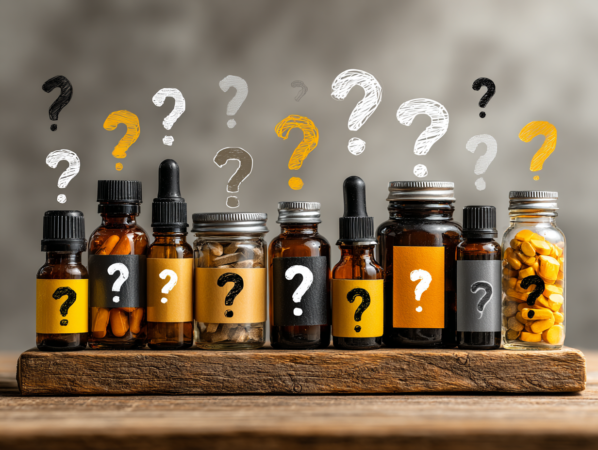 Ilustração flat com potes de suplementos e remédios em uma mesa, com interrogações simbolizando dúvida sobre o que acaba com a candidíase.