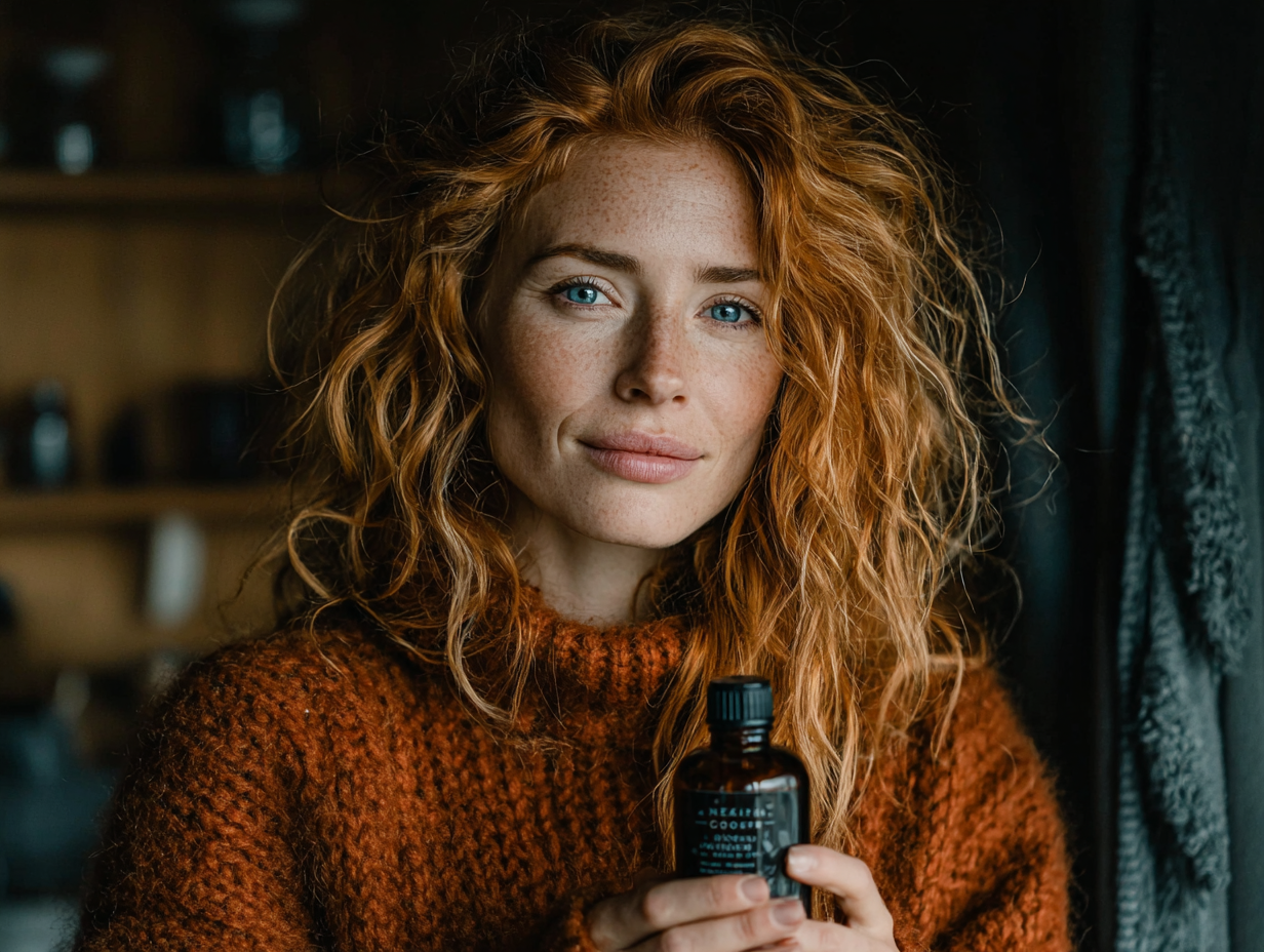 Mulher ruiva segurando frasco de tintura, representando o uso da tintura de nogueira para que serve em protocolos naturais.