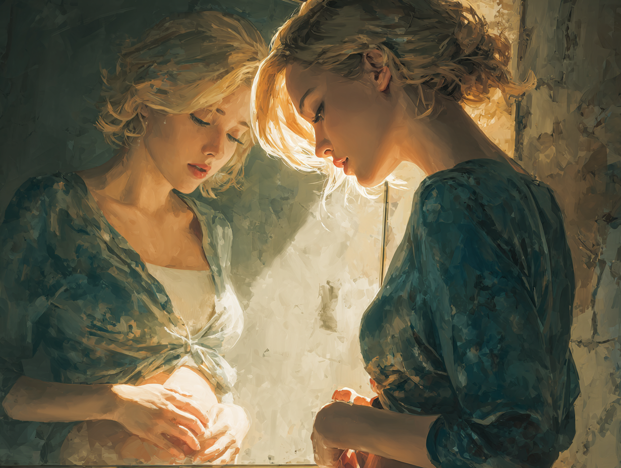 Ilustração emocional de mulher loira olhando para o espelho com frustração, tocando a barriga levemente inchada, simbolizando a dúvida se verme atrapalha emagrecer.