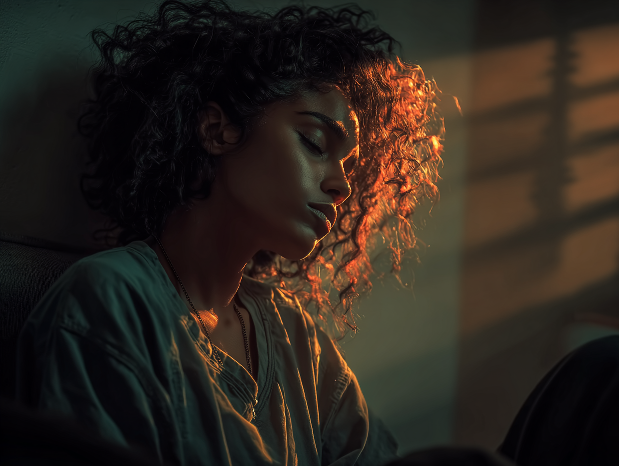 Ilustração emocional de mulher negra exausta, sentada e com expressão de cansaço, simbolizando que vermes causam cansaço mesmo em pessoas aparentemente saudáveis.