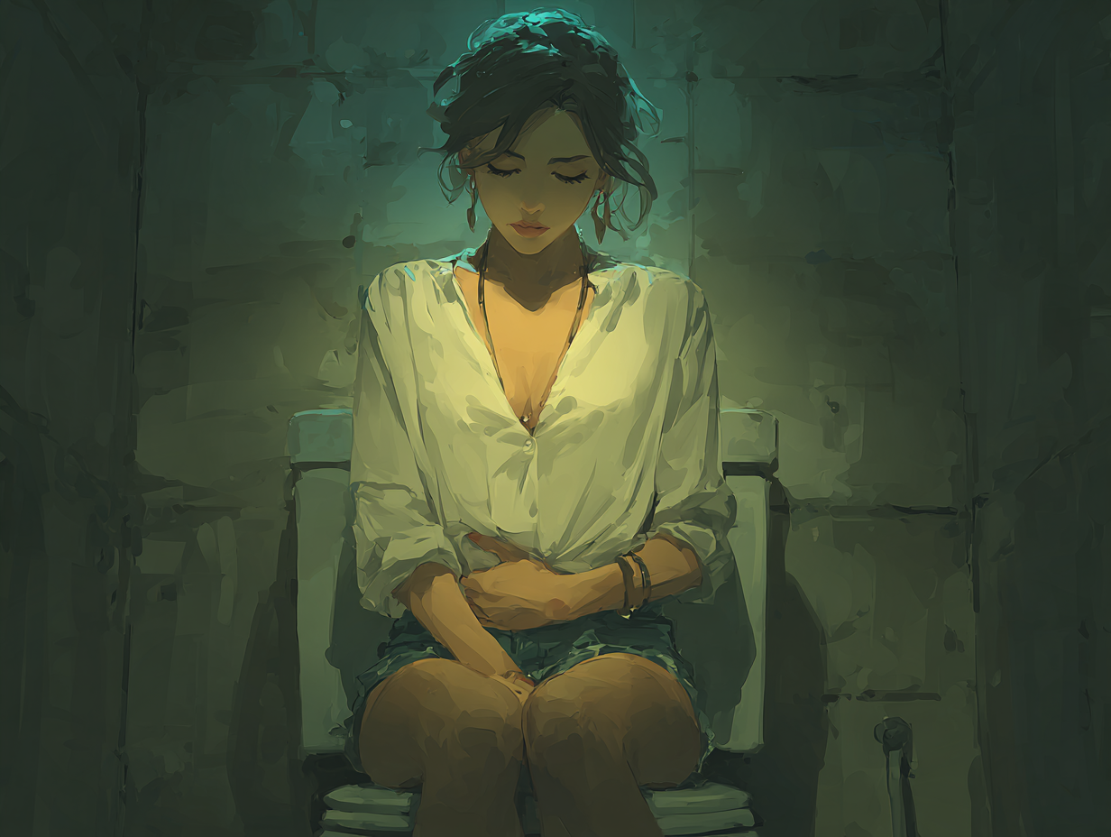 Ilustração emocional de uma mulher oriental sentada no vaso sanitário com expressão de desconforto, representando sintomas e dúvida sobre quais vermes causam diarreia.