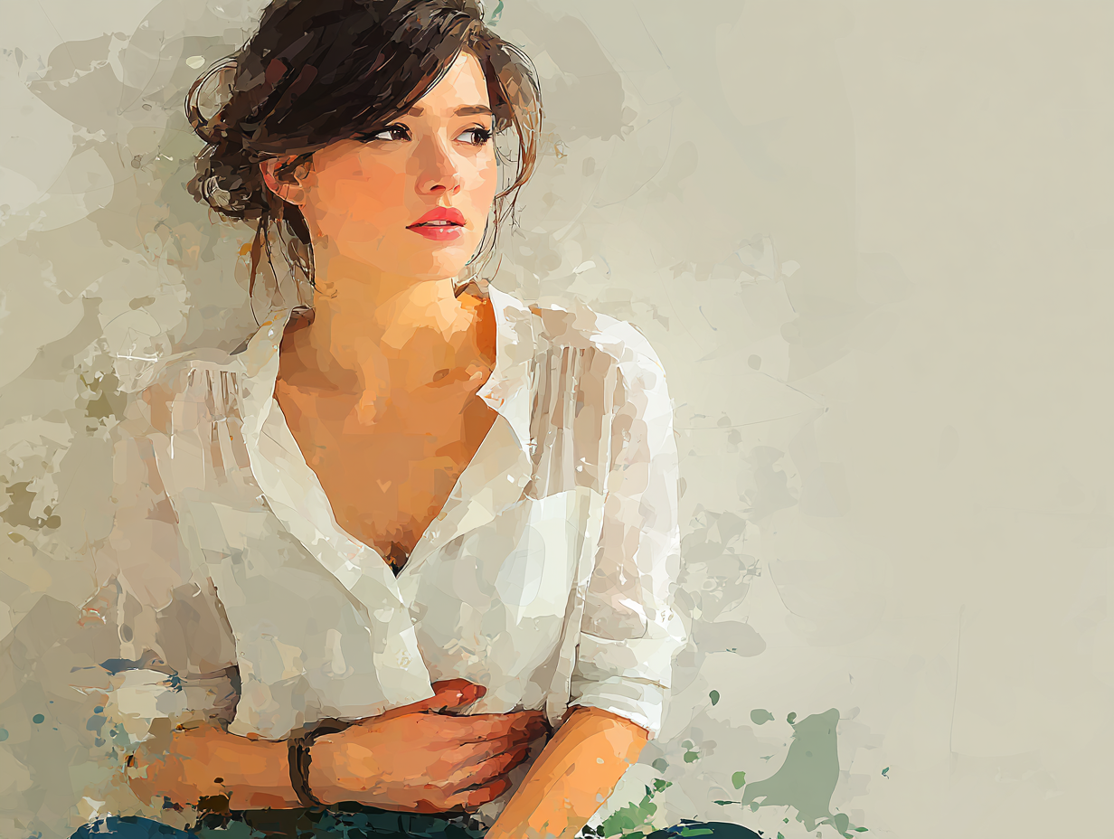 Ilustração emocional de mulher morena com expressão de náusea leve, sentada com a mão no estômago, representando o desconforto causado por vermes intestinais. Representa o tema “vermes causam enjoos”