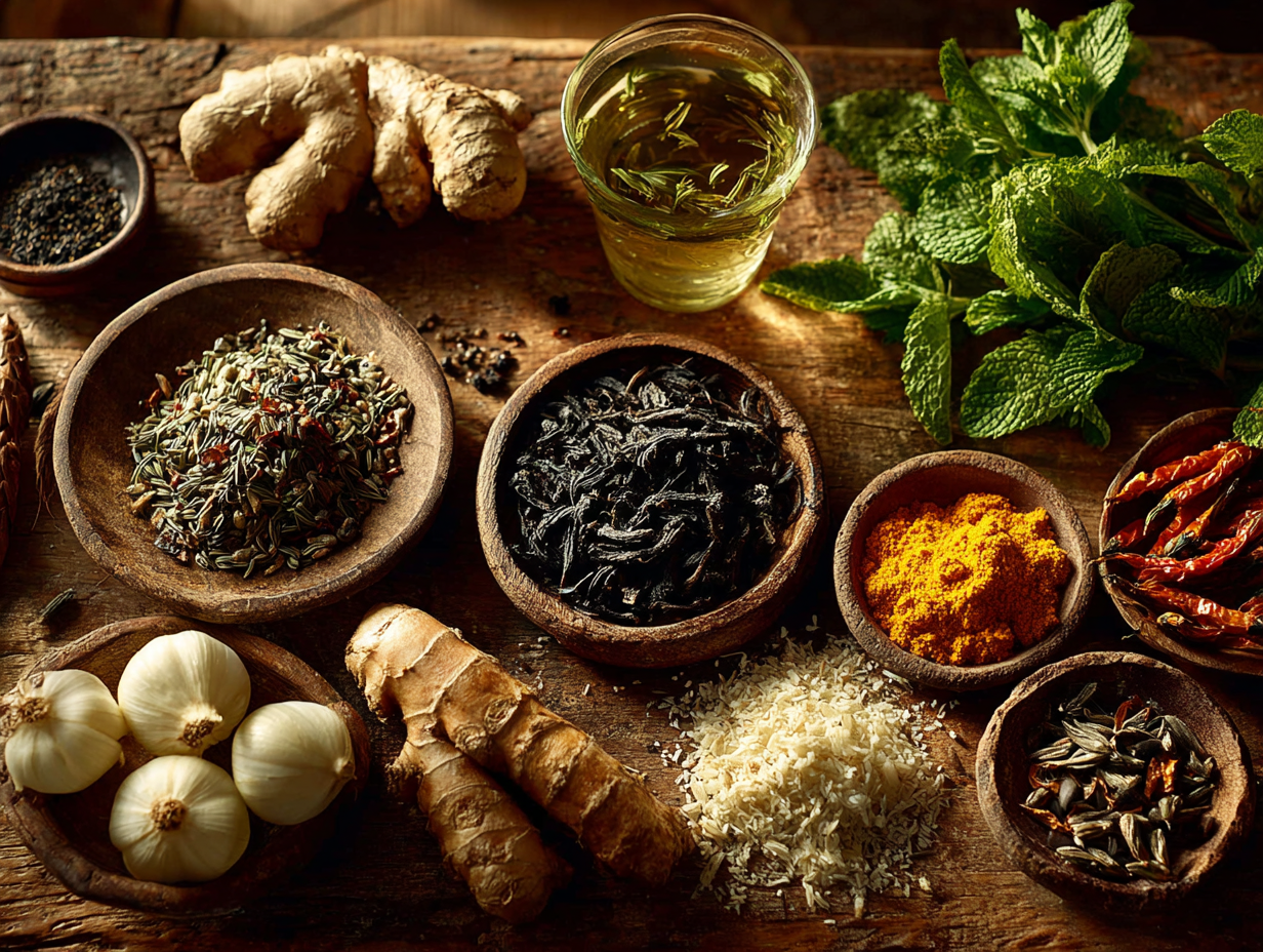 Mesa com diversos alimentos que matam vermes intestinais, visão superior, estilo clean e profissional.