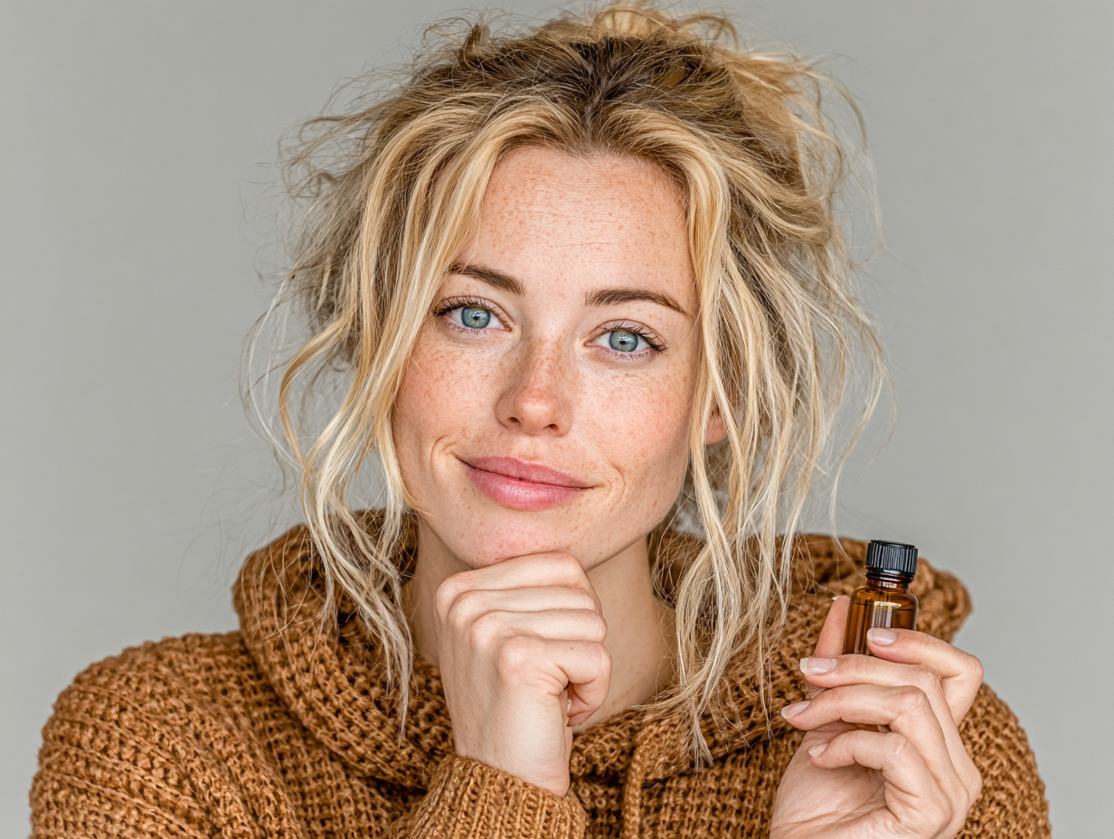 Mulher loira bonita segurando um frasco de tintura com expressão de dúvida, representando a escolha do vermífugo natural.