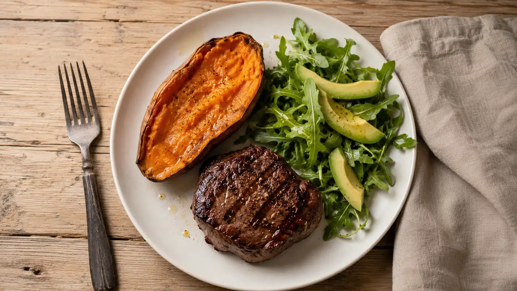 Prato equilibrado com proteína, vegetais e batata-doce para dieta de diabetes