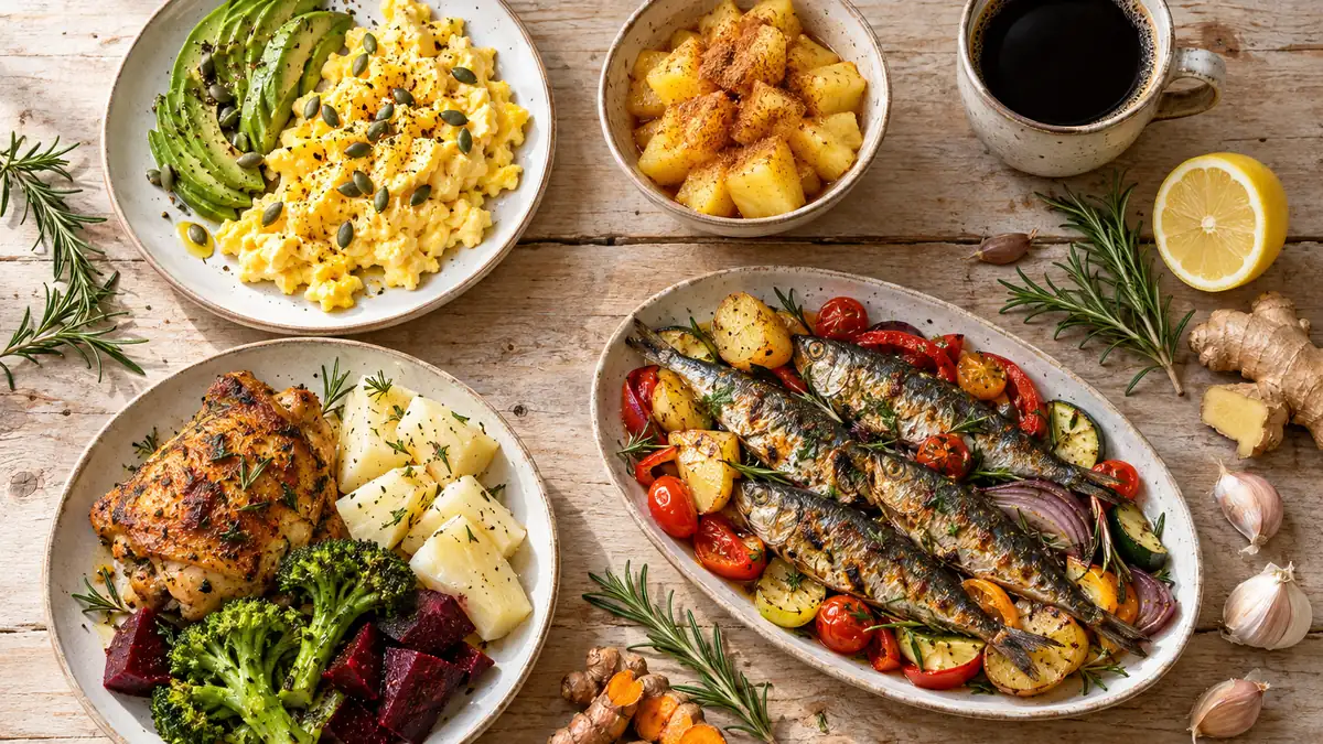 Mesa com pratos de uma dieta anti-inflamatória: ovos com abacate, sobrecoxa assada com mandioca, sardinha com legumes e abacaxi com canela